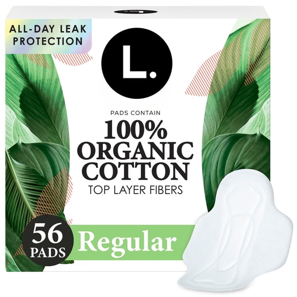 L. Ultra Thin Pads for Women, Organic Cotton Top Layer, Regular Absorbency, Menstrual Pads with Wings, 56 CT