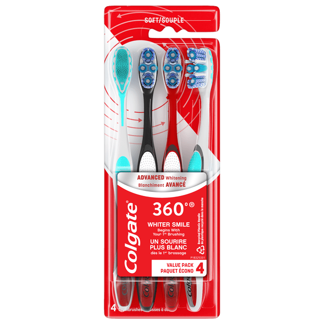 Colgate 360 Advanced Brosse à Dents Souple Blanchissante, Lot de 4, Comprenant Quatre Brosses à Dents Manuelles pour Adultes avec Poils en Spirale Souples et Nettoyants pour Joues et Langue, en Noir, Rouge, Blanc et Poignées turquoise, Conçues pour un Nettoyage Buccal en Profondeur, en Emballage Rouge et Blanc.