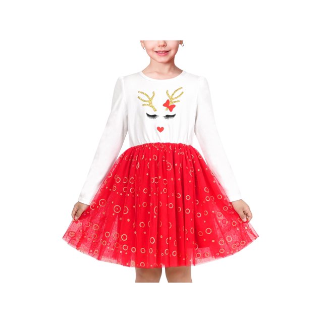 Robe Fille Rouge Blanc Tee Renne Cercle à Pois Fête de Noël 5 Ans