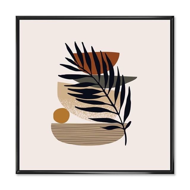 Designart Tropical Leaf Silhouettes and Shapes IV FLOAT FRAME WALL ART featuring a black tropical leaf silhouette layered over abstract brown, beige, and olive shapes on a light background, printed on premium cotton canvas with fade-resistant inks, gallery-wrapped and stretched on a 1-inch wood sub frame inside a black floating frame, ready to hang and ideal for modern home décor.