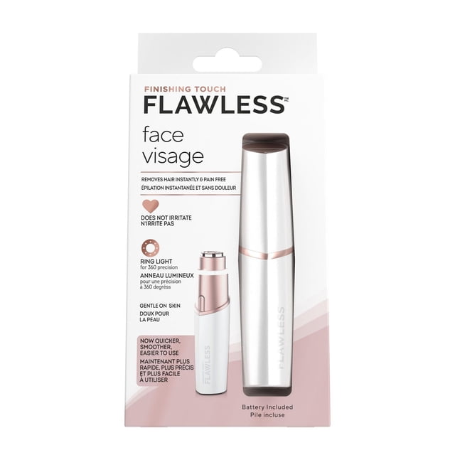Finishing Touch Flawless Facial Hair Remover for Women in white and rose gold, a lipstick-shaped electric razor with a hypoallergenic gold-plated head and 360-degree ring light for painless, instant facial hair removal, battery included, suitable for daily use and discreet touch-ups.