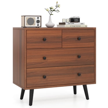 Costway 4 Drawer Dresser for Bedroom Wide Chest of Drawers with Metal Guide Rails Walnut