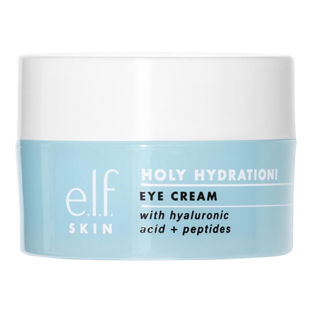 e.l.f. Skin Holy Hydration! Crème pour les Yeux en Pot Bleu Pâle avec Couvercle Blanc, Formulée avec de l'Acide Hyaluronique et des peptides pour Hydrater et Réduire les Cernes, Offrant une texture à Absorption Rapide, Non Grasse, Idéale pour Tous les types de Peau et sous le Maquillage.