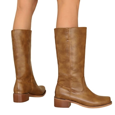 Bottes de Cowboy Mi-Mollet Larges pour Femmes, Vintage, Brunes, Couleur Unie, Bottes Western de Cowgirl pour Moto, Conduite, Travail