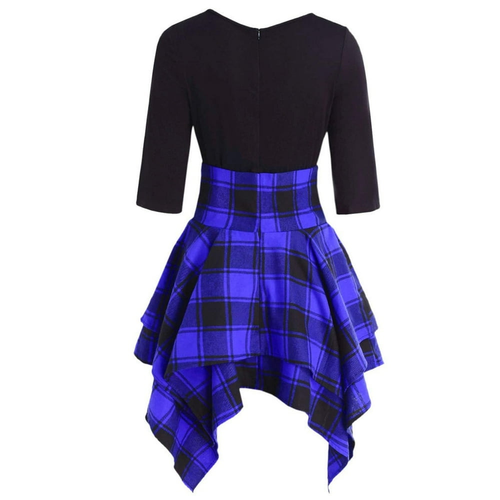 Fashion Women Casual O-Neck Lace Up Tartan Plaid Print Asymmetrical Mini Dress