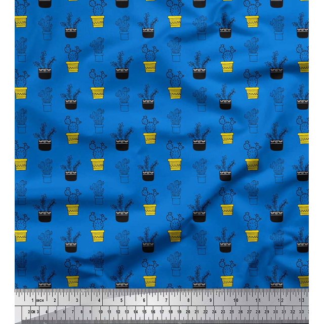 Soimoi Blue Moss Georgette Fabric Cactus Leaves Print Fabric by the Yard 44 Inch Wide