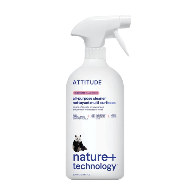 ATTITUDE nature+ technology all-purpose cleaner unscented in an 800 mL white spray bottle with trigger nozzle, featuring blue and pink text and a panda image, formulated with 99.8% natural origin ingredients, EWG VERIFIED™, vegan and cruelty-free, ideal for cleaning most indoor and outdoor surfaces.