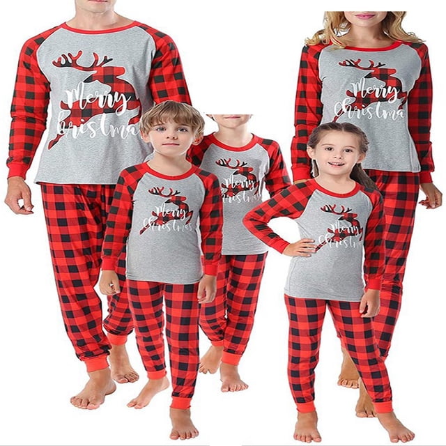 Ensemble Assorti de Noël pour la Famille Pyjamas Vêtements de Nuit pour Enfants Adultes Pyjamas à Carreaux avec Cerf