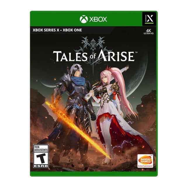 Tales of Arise Xbox One game cover featuring two armored characters on rocky terrain with a large planet in the background, one wielding a glowing orange sword and the other holding a large weapon, surrounded by sparks and lightning effects under a dark sky, representing this action RPG for Xbox Series X and Xbox One.