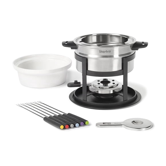 Starfrit Ensemble à fondue de 12-pièces, 3-en-1 pour fondue à la viande, au fromage ou au chocolat, Brûleur ajustable sécuritaire, Capacité de 1,6L (1,7Qt), Argenté