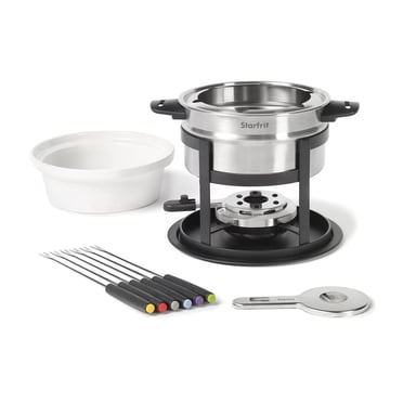 Starfrit 12-Piece Fondue Set, 3-in-1 Meat, Cheese or Chocolate Fondue, Adjustable Safety Burner, 1.7Qt (1.6L) Capacity, Silver