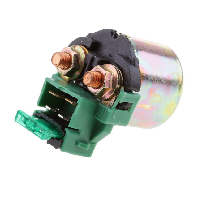 New Motorcycle Starter Solenoid Relay for VT500 VT600 VT1100 VT 500 600. A compact metal starter solenoid with a green plastic connector and dual copper terminals, designed for reliable replacement in motorcycle starting systems. Suitable for 12V systems and easy to install.