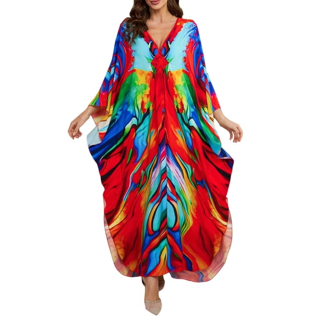 Riforla Cache-Maillots pour Maillots de Bain Grande Taille Robe Caftan Col en V Manches Chauve-Souris Imprimé Floral Sortie de Plage Robe de Protection Solaire Rouge Taille Unique