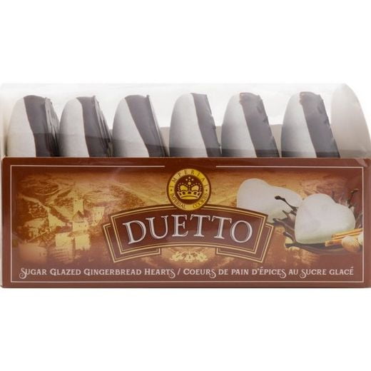 Duetto Sugar Glazed Gingerbread Hearts, 190g, showing six soft, spiced heart-shaped gingerbread cookies coated with a white sugar glaze, arranged in a clear plastic tray with a brown label featuring the Duetto brand and bilingual product name, highlighting this traditional European holiday snack.