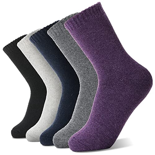 Merino Wool Socks for Women Hiking Warm Winter Thick Boot Thermal Cozy Crew Work Soft Ladies Socks Gift 5 Pack Stocking Stuffers（ Purple/Blue/Black/Grey/Dull Grey）