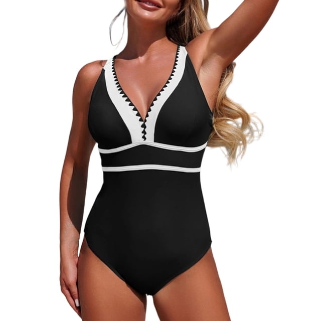 Ltctricy Women's One Piece Swimsuits Adjustable Strap Deep V Neck Color Block Backless Swimwear Slimming Bathing Suits