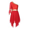 thumbnail image 4 of RUNQHUI Robe de Danse Métallique pour Femmes, une Épaule, Manches Évasées, Tunique de Danse Liturgique Rouge P, 4 of 7