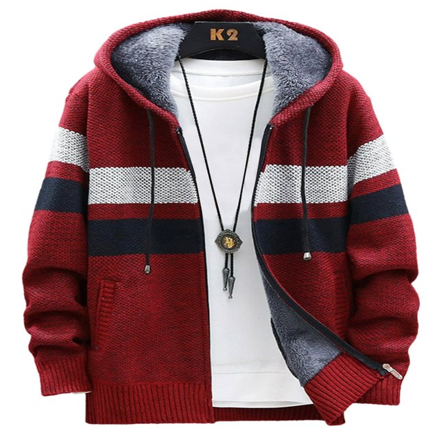 Men’s Full Zip Hoodies Long Sleeve Striped Print Knit Cardigan Sweater