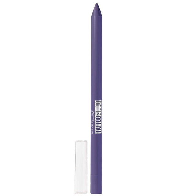 Maybelline New York Tattoo Studio® Eye Liner pencil in purple with a pointed tip and clear cap, delivering waterproof, smudge-resistant, and long-lasting eye definition suitable for precise makeup application.