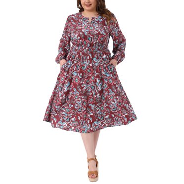 Robe Grande Taille pour Femmes 2025 Automne Bohème à Fleurs Col en V Fendu Manches Longues Coupe Évasée Fluide avec Poches 3X Bourgogne