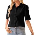 thumbnail image 1 of Birdeem Womens Solid Color Short-Sleeve Loose Shirt Button V-Neck Solid Color Pleated Top, 1 of 8