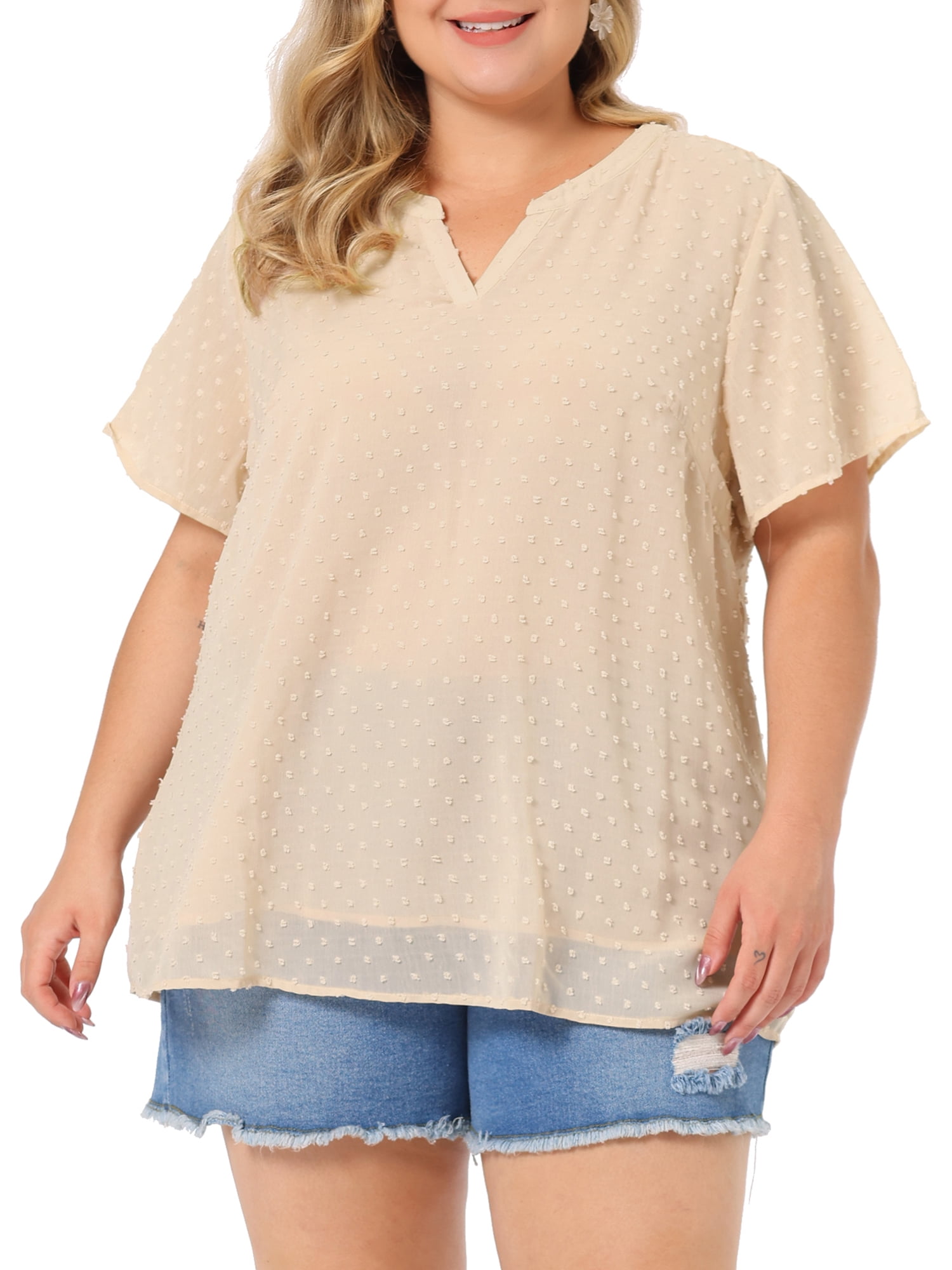 Agnes Orinda Women's Plus Size Tops Swiss Dots Short Sleeve Notched Neck Spring Summer Blouses 2X Beige