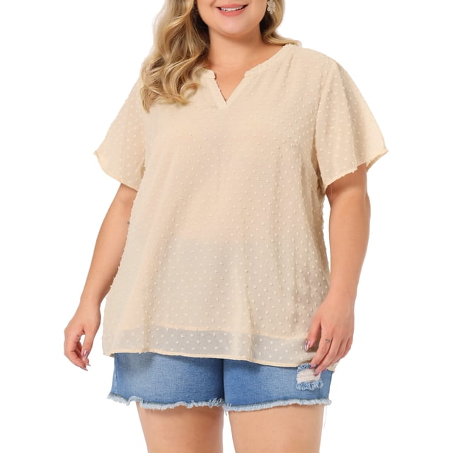 Agnes Orinda Women's Plus Size Tops Swiss Dots Short Sleeve Notched Neck Spring Summer Blouses 3X Beige