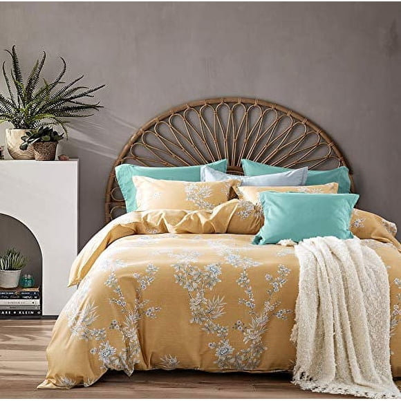 Windflower Bedding Bloomfield Floral Duvet Cover 3pc Set Cotton Botanical Nature Vines Branches Birds Butterflies Multicolored Flowers (King, Muted Mustard)