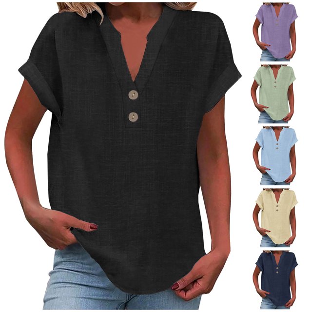 QIPOPIQ Womens Tshirts V Neck Short Sleeve Buttons Tops Tee Solid Color Blouse Loose Fit Clearance