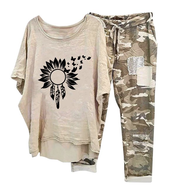 Ensembles pour Femmes, T-Shirt à Col Rond Imprimé à Manches Mi-Longues, Chandail à Enfiler, Hauts + Pantalon, Ensemble 2 Pcs en Liquidation
