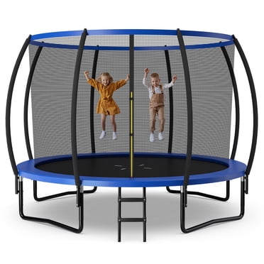 Patiojoy Trampoline 12 Pi Trampoline Récréatif Approuvé avec Échelle, Enceinte, Coussin de Sécurité et Cadre en Acier Galvanisé Antirouille Bleu