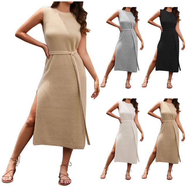 Gspmoly Robes d'Été, Robe Chandail en Tricot Sans Manches à Col Montant pour Femmes, Robe Débardeur Maxi, Robes de Cocktail pour Femmes en Liquidation
