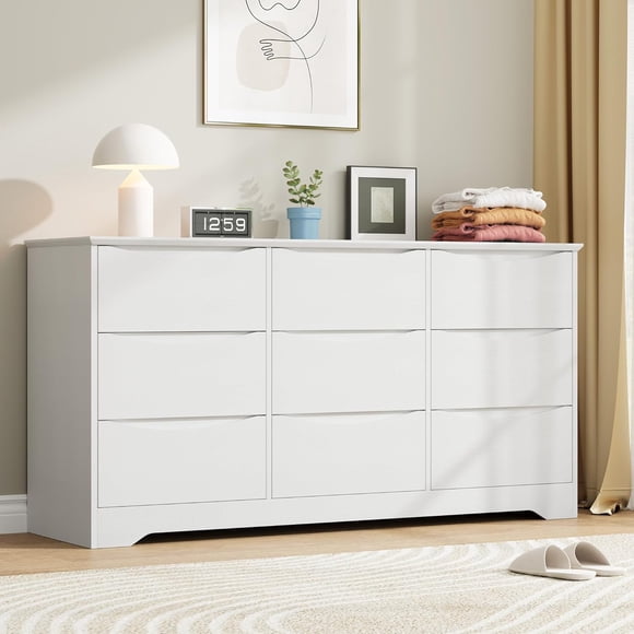 Wooden Dresser with 9 Drawers, Tall Modern Closet with Deep Storage, Large Chest of Drawers with Wide Top, Long Storage Dresser for Bedroom, Living Room, Hallway, Kids Room, White