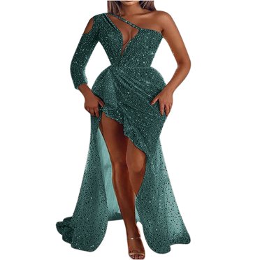 Bigersell Robe Corset pour Femme, Élégante, à une Épaule, Dos Nu, à Paillettes, Robe de Soirée à Manches Courtes pour le Souper, Robe Longue, Robes Longues pour Femme, Grande Taille, Robes Portefeuille Factices, Style 34876, Vert TG