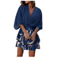 thumbnail image 2 of Robe Courte à Imprimé Floral pour Femmes, Plissée, Col en V, Cordon de Serrage, Taille Élastique, à Volants, Superposée, Robe Courte, 2 of 6