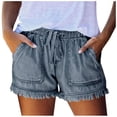thumbnail image 1 of LLYWEY Womens Jeans Shorts, Ladies Ribbed Distressed Denim Shorts, Drawstring Elastic Waist Women Cut Off Jeans with Pockets, Style ST-22, Dark Blue, M, 1 of 5