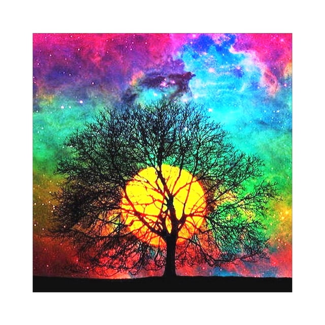 16*16 Inch DIY 5D Diamond Painting Kit featuring a full drill tree and flower pattern with vibrant multicolour acrylic rhinestones. The frameless mosaic painting is displayed against a vivid background of a glowing sun and a colourful sky. Includes a high-definition canvas, rhinestones, and tools such as a pen, plastic tray, and glue. Suitable for home wall decor or as a gift.