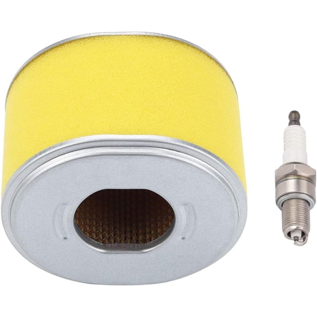 Air Filter Cleaner and Spark Plug set by QHALEN, designed to fit Honda GX240 GX270 8HP 9HP engines and compatible with models like EG3500X, EG3500XK1, EN3500, and EZ3500 generators. The air filter measures 4 inches in length, 2.94 inches in width, and 2.76 inches in height, featuring a yellow foam exterior and a metal base with a honeycomb mesh opening. Includes one air filter with pre-filter and one spark plug, suitable for use in generators, pressure washers, water pumps, tillers, cultivators, and mowers. Replaces part numbers 17210-ZE2-505, 17210-ZE2-515, 17210-ZE2-821, 17210-ZE2-822, and 17218-ZE2-821.