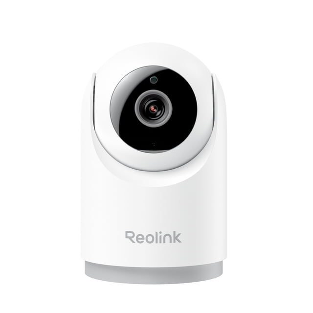 Reolink E331 indoor smart security camera with white cylindrical body and black circular lens housing, featuring 5MP 3K resolution, 360° pan and tilt, smart detection for people and pets, and dual-band Wi-Fi for reliable whole-room monitoring.