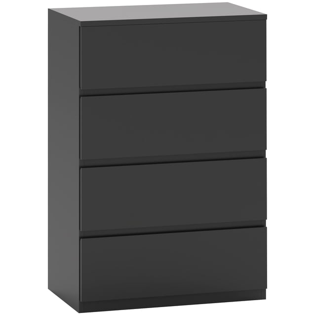 HOMCOM Commode de Chambre, Commode à 4 Tiroirs pour Chambre en Noir. Cette Commode Présente un design Propre, Sans Poignées, avec Quatre Tiroirs Spacieux et un Dessus Plat pour un Rangement Supplémentaire. Fabriquée en Panneau de Particules de Qualité E1, Elle Mesure 21,7 Pouces de Large, 13,4 Pouces de Profondeur et 31,5 Pouces de Hauteur. Chaque Tiroir a un Loquet à Ouverture par Pression pour un Accès Facile, et l'Unité Comprend un design Anti-Basculement pour la Sécurité. Convient aux Chambres Ou aux Espaces de Vie.