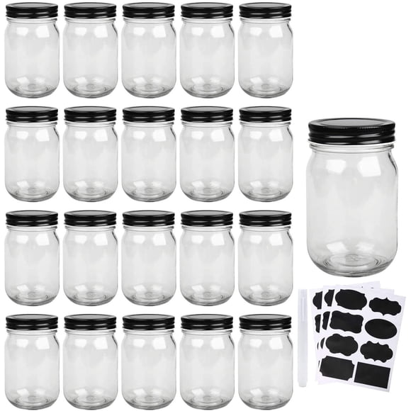 Pots Mason, Pots en Verre avec Couvercles 12 oz, Pots de Mise en Conserve pour Marinades et Rangement de Cuisine, Pots à Épices à Grand Ouverture avec Couvercles Noirs pour Miel, caviar, Herbes, Gelée, Confitures, Ensemble de 20 A