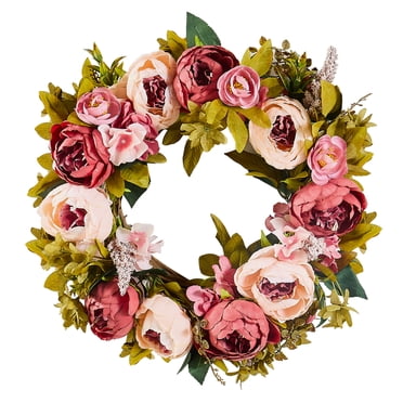 KFFKFF Faux Floral Wreath, 19 inches, Pink, Adorned with Peonies, Hydrangeas, Babysbreath, Suitable for All Seasons Indoor and Outdoor Home Wall Window Celebrations and Wedding Decor