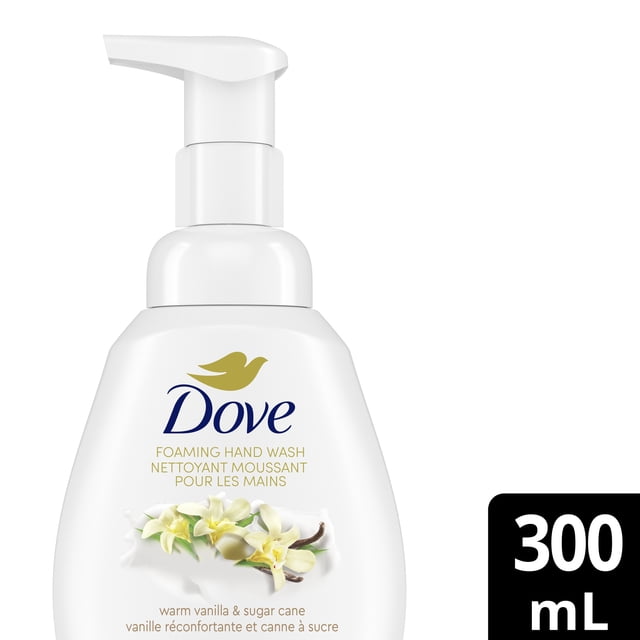 Dove Warm Vanilla and Sugar Cane Foaming Hand Wash in a white 300 mL pump bottle featuring the Dove logo, vanilla flowers, and sugar cane illustration, designed for gentle, moisturizing hand cleansing in personal care.