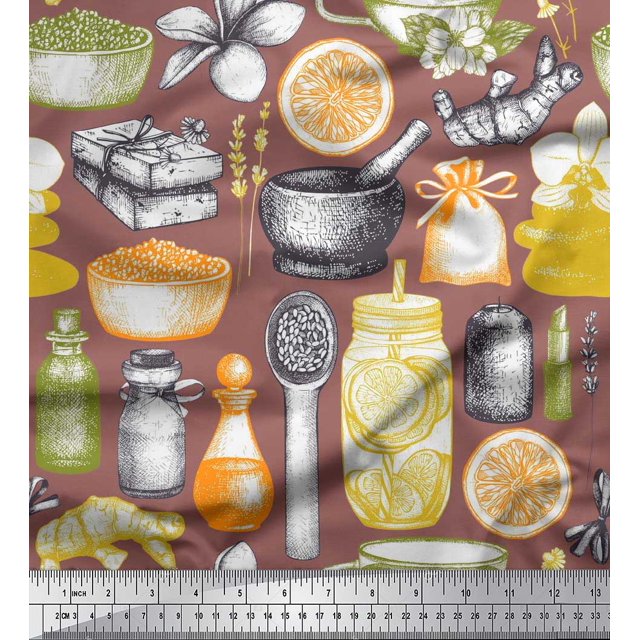 Soimoi Tissu Poly Georgette Gingembre, Pot & Mortier et Pilon Imprimé Cuisine au Mètre 52 Pouces de Large
