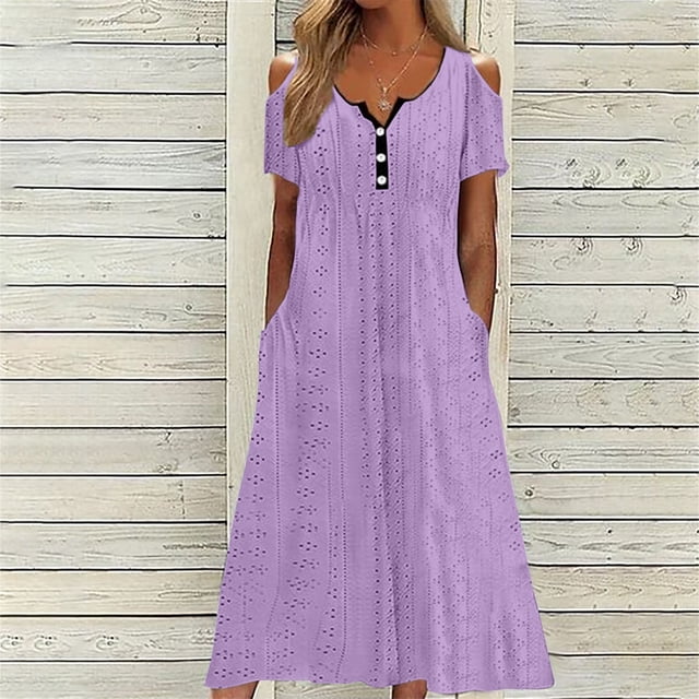 Mefallenssiah Robe d'Été pour Femme, Confortable et Tendance, Couleur Unie, à Boutons, Ajourée, avec Poches, Manches Courtes, Col Rond