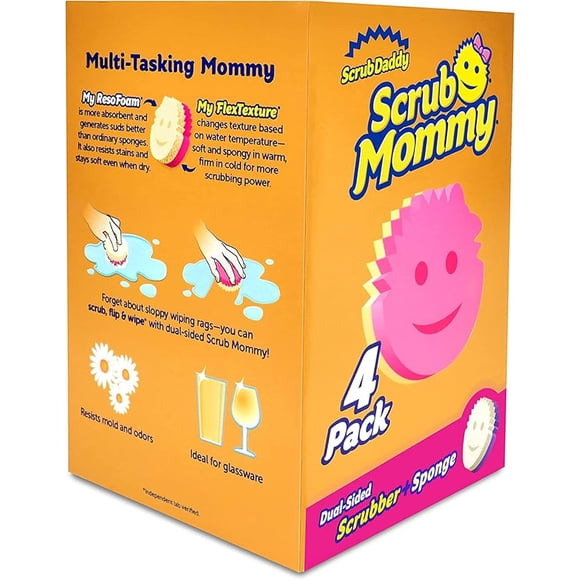 Scrub Daddy Éponge et Récurant Double Face - Scrub Mommy - Éponge Sans Rayures pour la Vaisselle et la Maison, Douce dans l'Eau Chaude, Ferme dans l'Eau Froide, Résistante aux Odeurs, Lot de 4