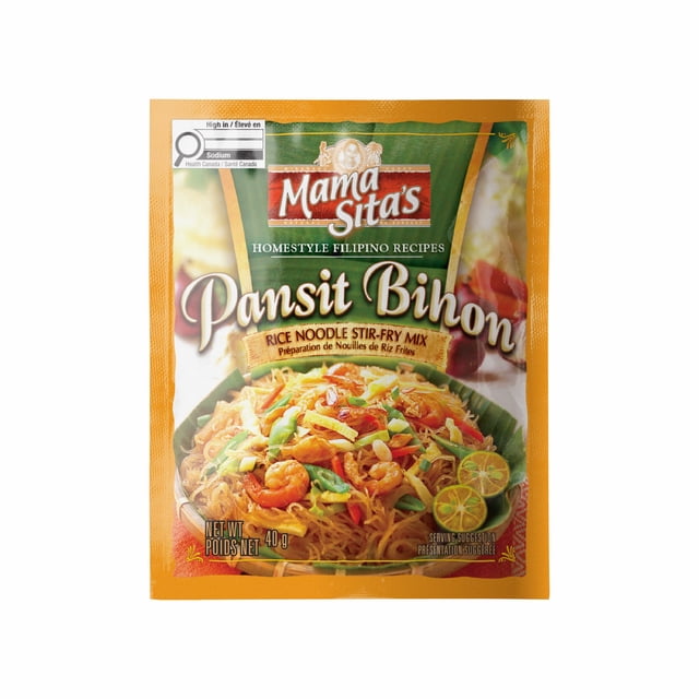 Mama Sita’s Pancit Bihon Seasoning Mix 40 g pouch showing packaging with a vibrant image of Filipino rice noodle stir-fry with shrimp, vegetables, and calamansi slices, designed for authentic and easy pancit bihon preparation and suitable for various stir-fry dishes.