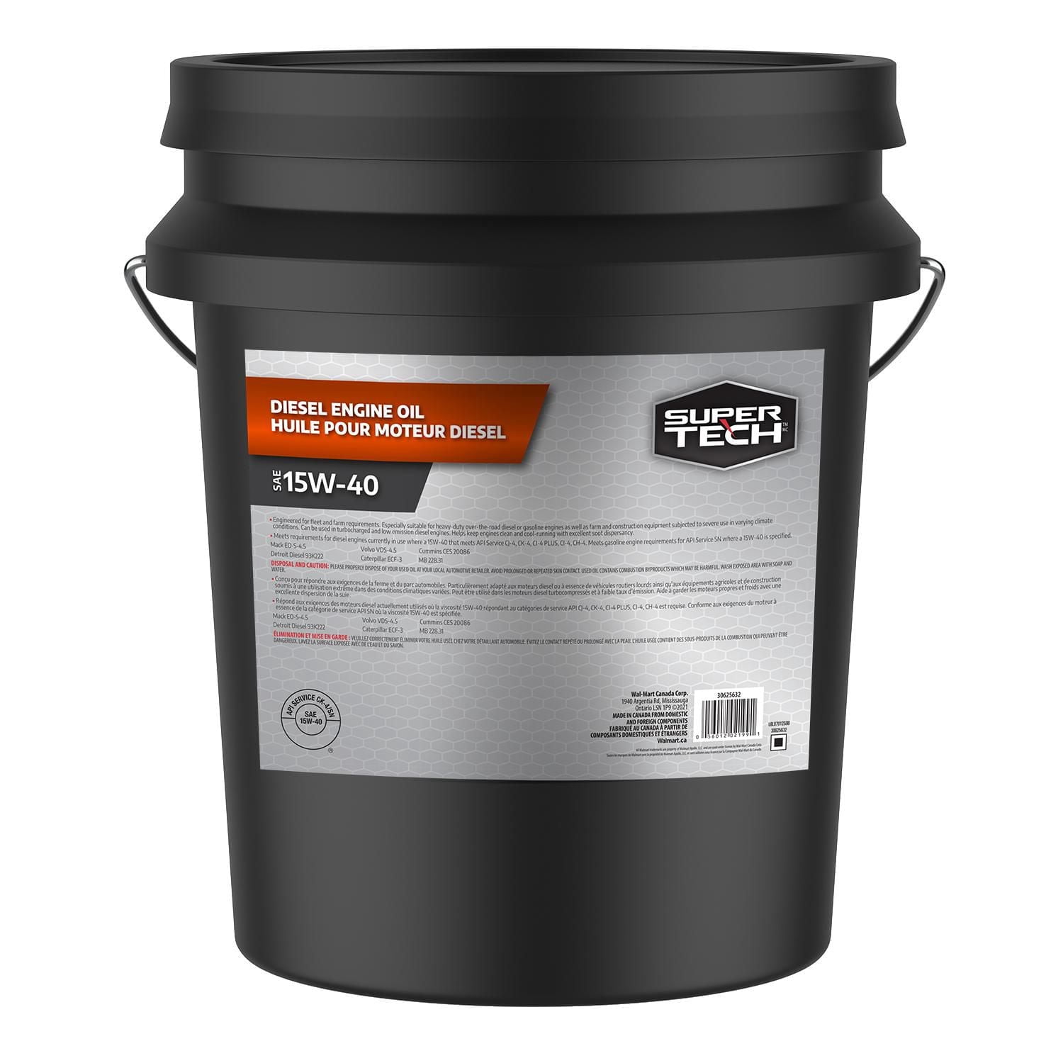Huile moteur diesel SuperTech 15W40, seau,18.9L