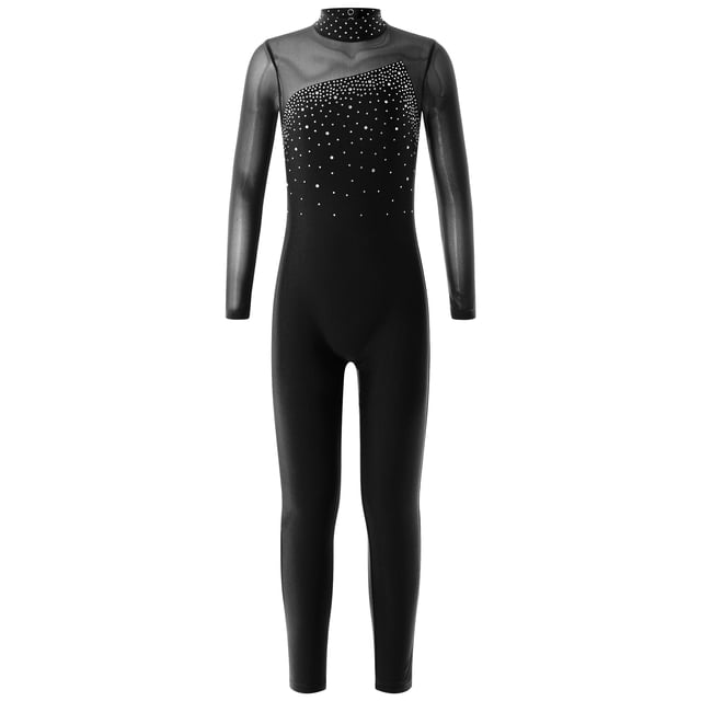 TSSOE Kids Girls Shiny Rhinestone Skating Jumpsuit Long Sleeve Gymnastic Leotard Ballet Dance Unitard Black 12