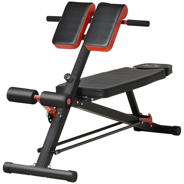 Soozier Multi-Functional Hyper Extension Bench dumbbell bench with adjustable incline and Roman chair design, featuring black padded cushions with red trim, foam leg holders, and a sturdy black steel frame for strength training and core workouts, also suitable for ab and back exercises.
